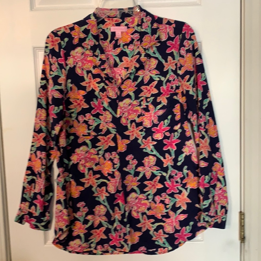 Lilly Pulitzer Navy Floral Silk Blouse M Pretty Social